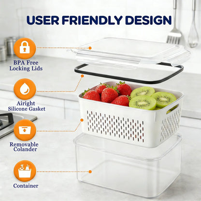 Stackable Fridge Organizer Containers – BPA-Free Produce Storage Bins with Removable Colander