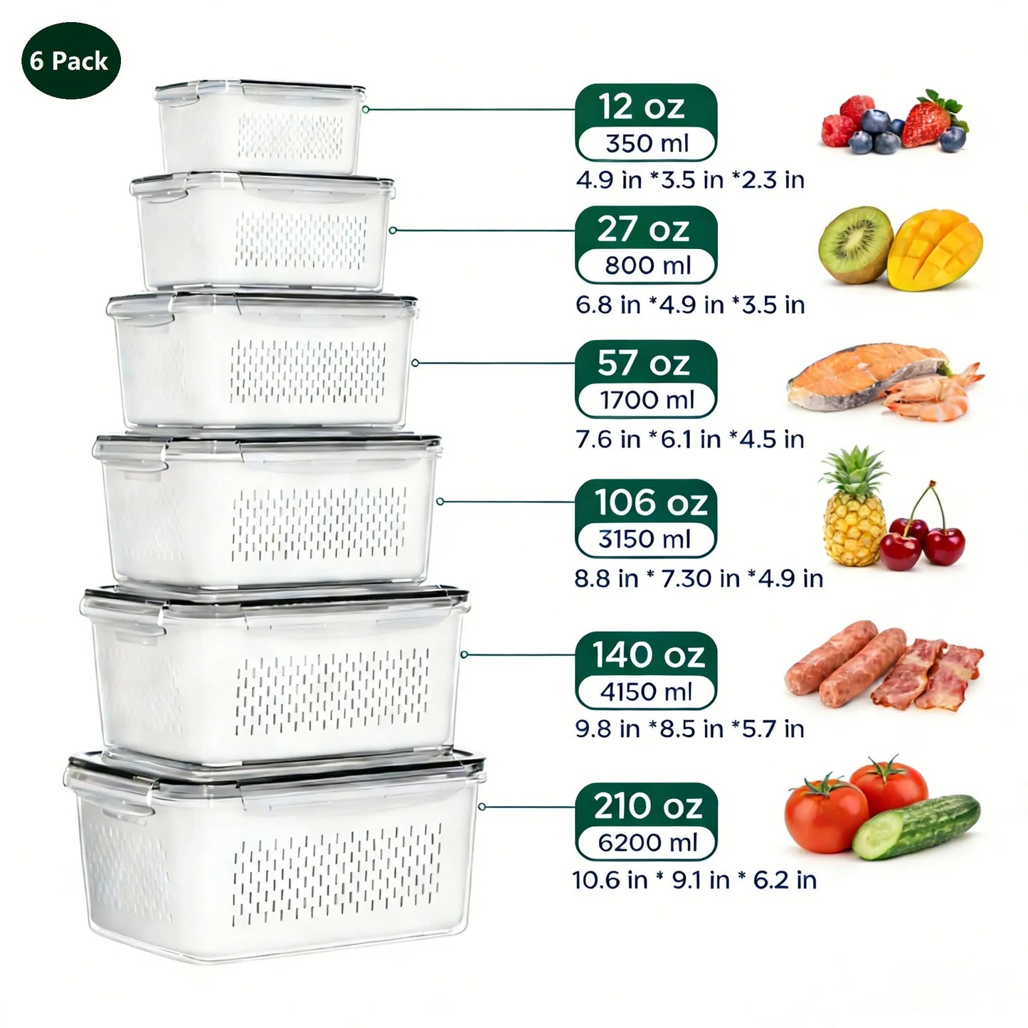 Stackable Fridge Organizer Containers – BPA-Free Produce Storage Bins with Removable Colander