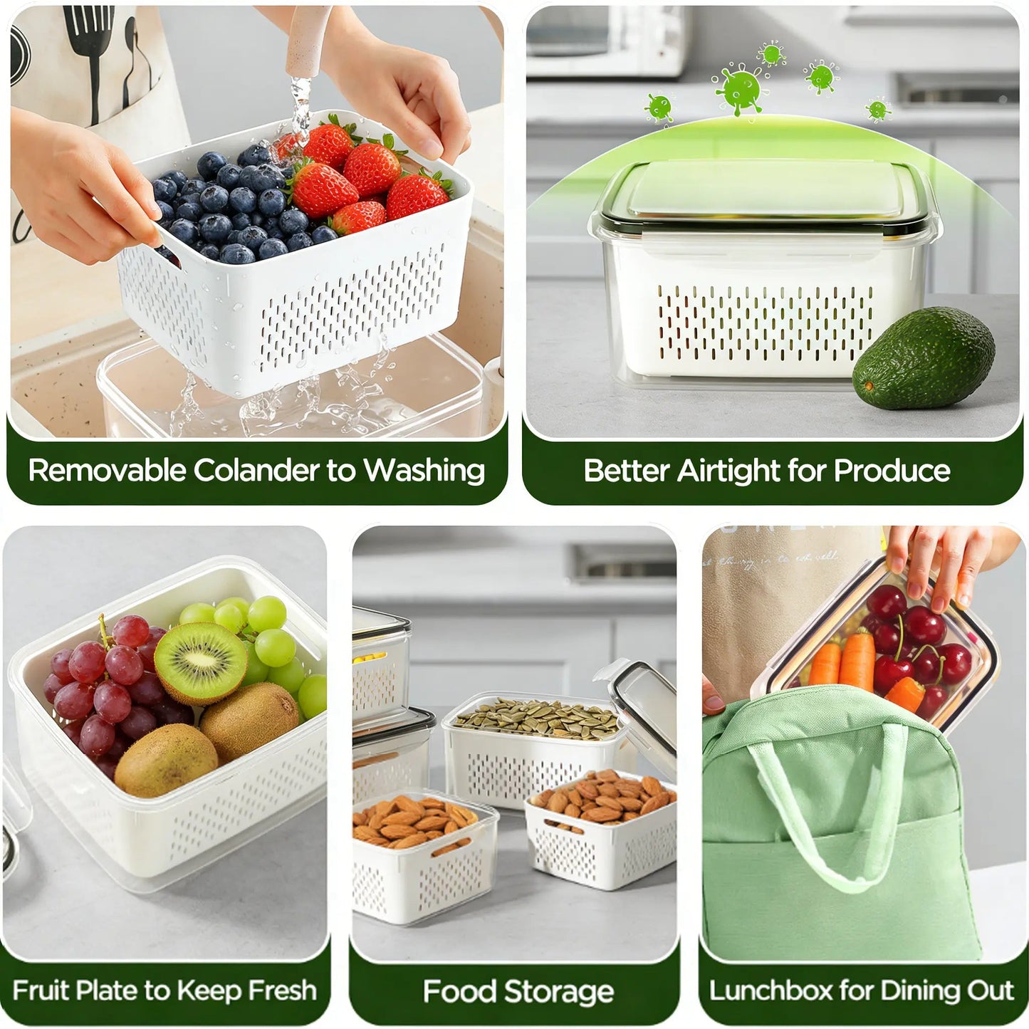 Stackable Fridge Organizer Containers – BPA-Free Produce Storage Bins with Removable Colander