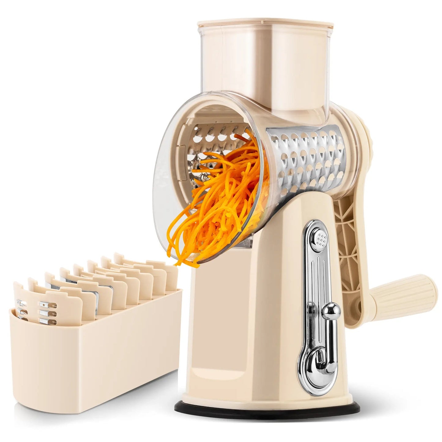 5-in-1 Cheese Grater with Handle – Rotary Vegetable Cutter with Stable Suction Base