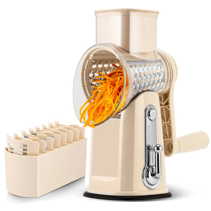 5-in-1 Cheese Grater with Handle – Rotary Vegetable Cutter with Stable Suction Base