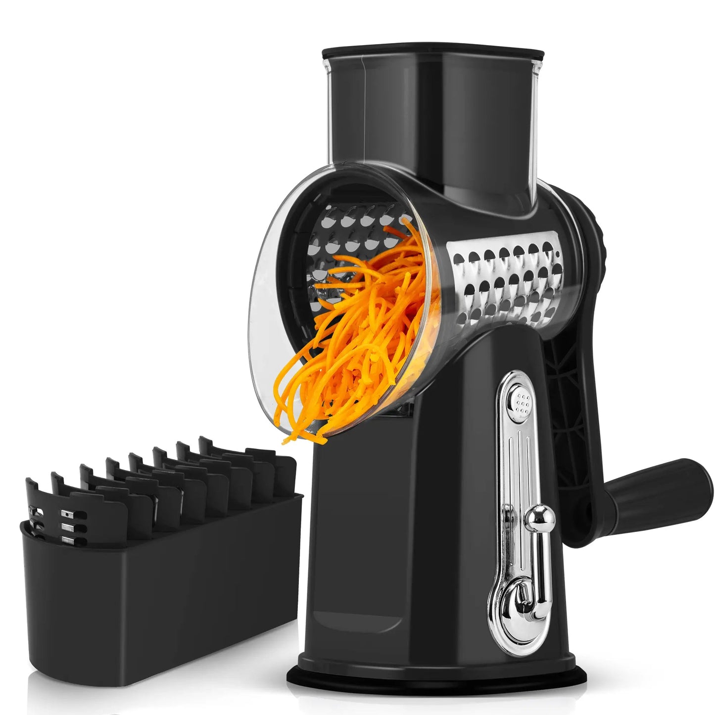 5-in-1 Cheese Grater with Handle – Rotary Vegetable Cutter with Stable Suction Base