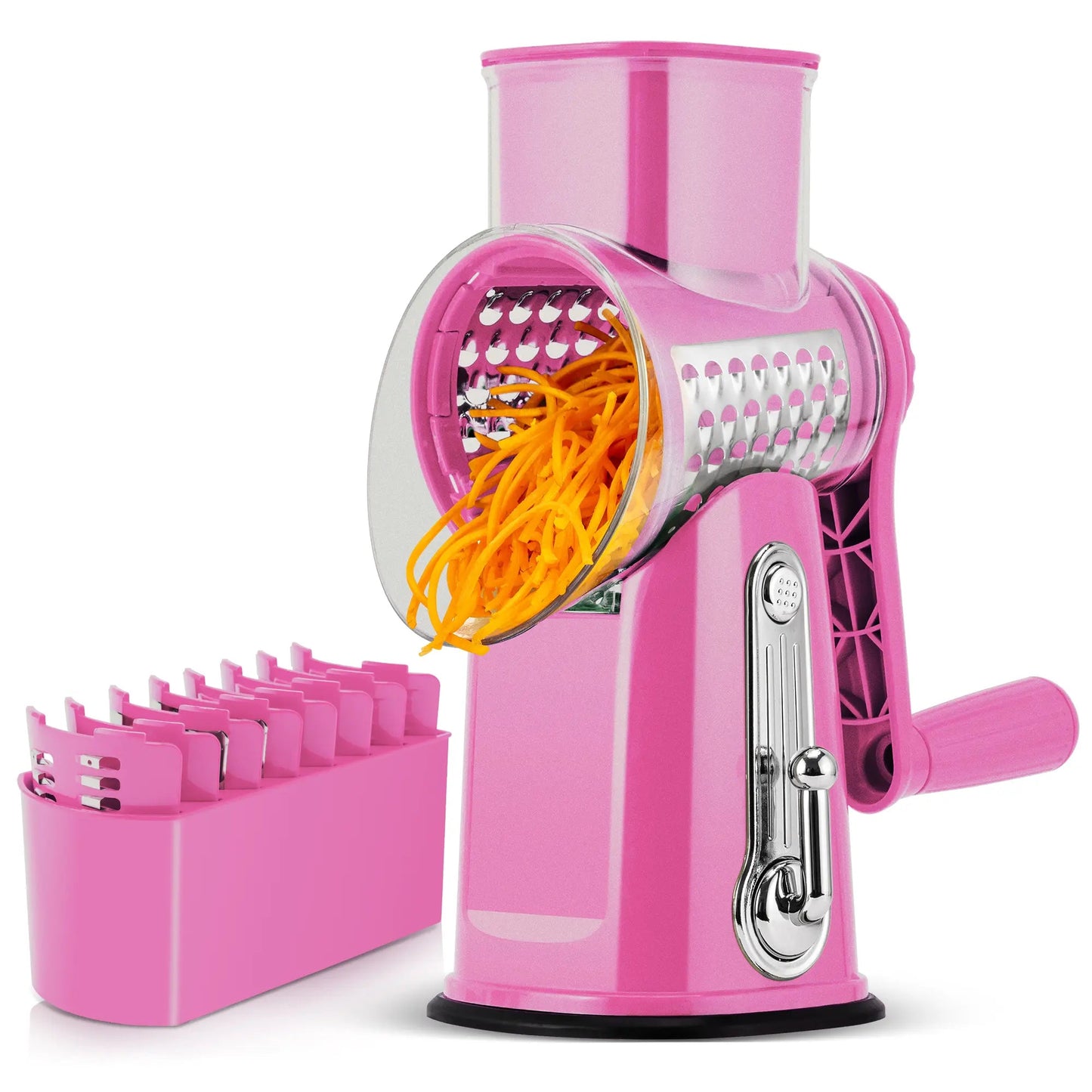 5-in-1 Cheese Grater with Handle – Rotary Vegetable Cutter with Stable Suction Base