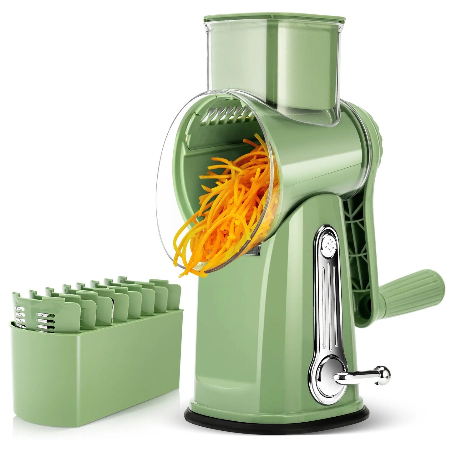 5-in-1 Cheese Grater with Handle – Rotary Vegetable Cutter with Stable Suction Base