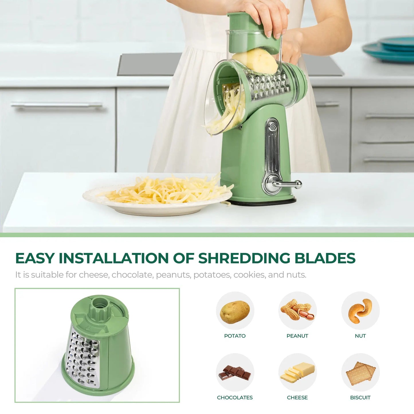 5-in-1 Cheese Grater with Handle – Rotary Vegetable Cutter with Stable Suction Base