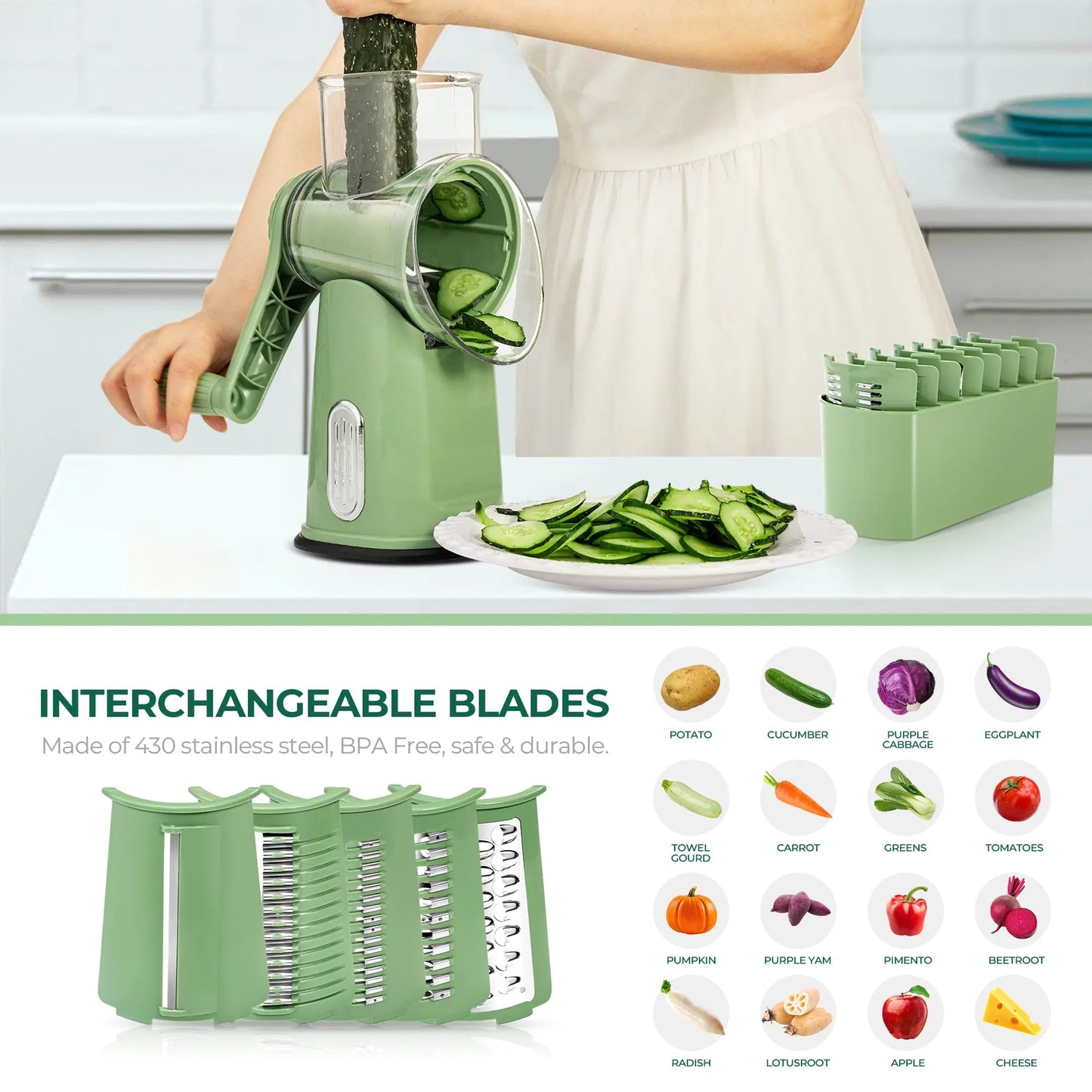 5-in-1 Cheese Grater with Handle – Rotary Vegetable Cutter with Stable Suction Base