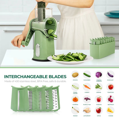 5-in-1 Cheese Grater with Handle – Rotary Vegetable Cutter with Stable Suction Base