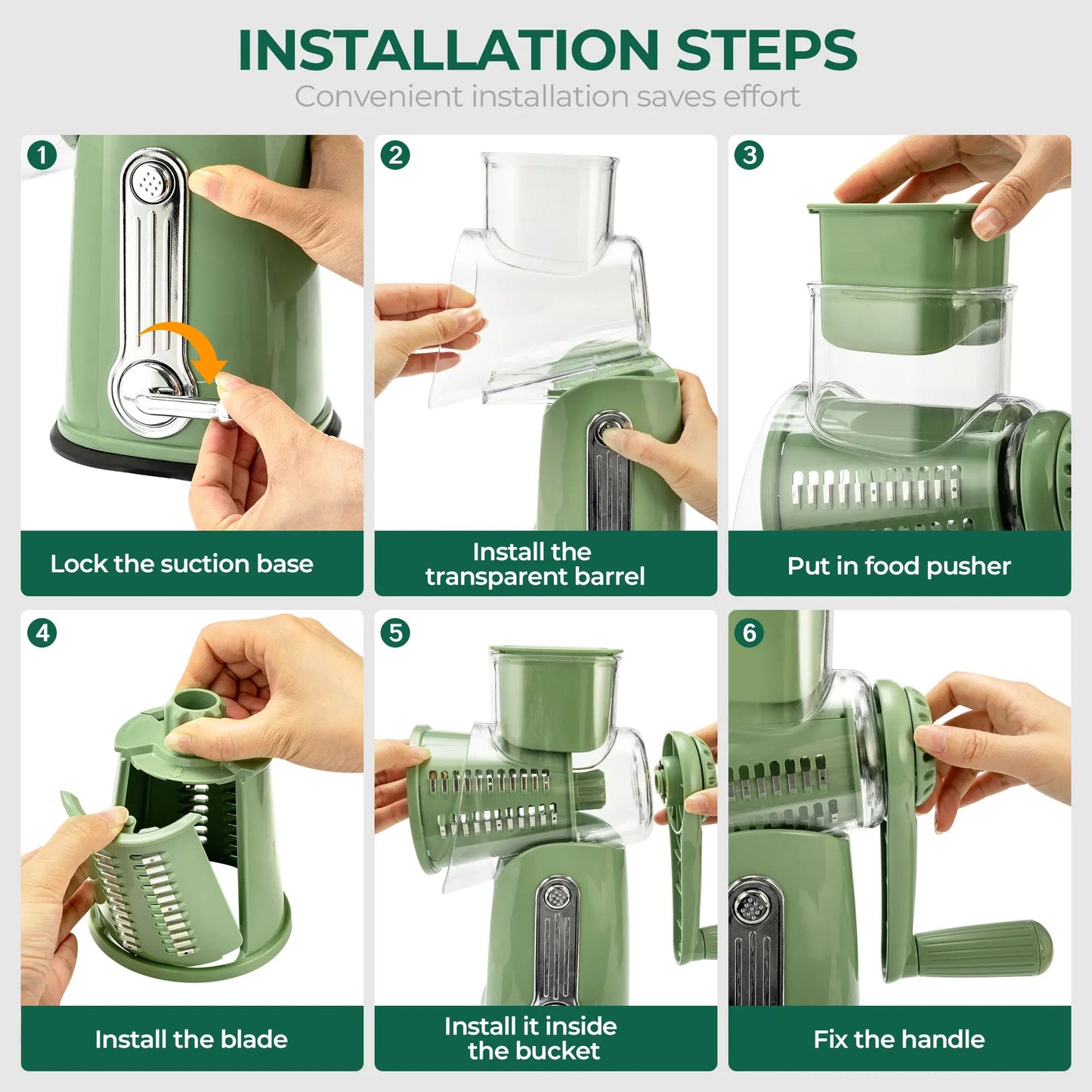 5-in-1 Cheese Grater with Handle – Rotary Vegetable Cutter with Stable Suction Base