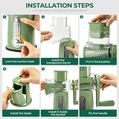 5-in-1 Cheese Grater with Handle – Rotary Vegetable Cutter with Stable Suction Base