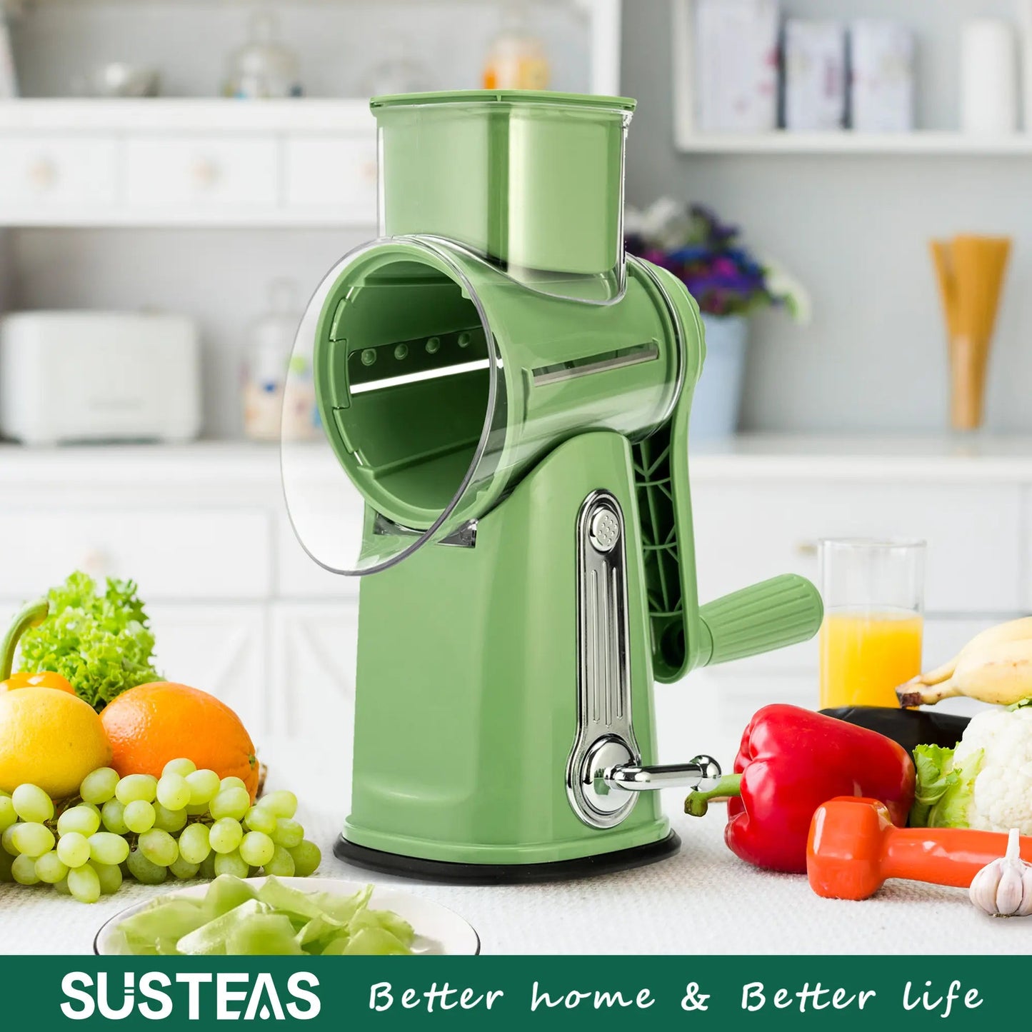 5-in-1 Cheese Grater with Handle – Rotary Vegetable Cutter with Stable Suction Base