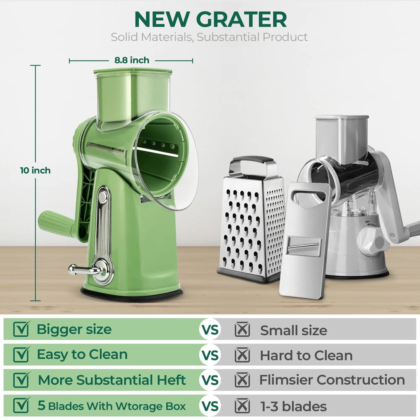 5-in-1 Cheese Grater with Handle – Rotary Vegetable Cutter with Stable Suction Base