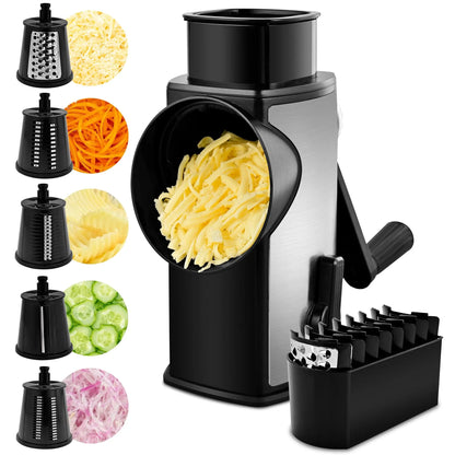 5-in-1 Cheese Grater with Handle – Rotary Vegetable Cutter with Stable Suction Base
