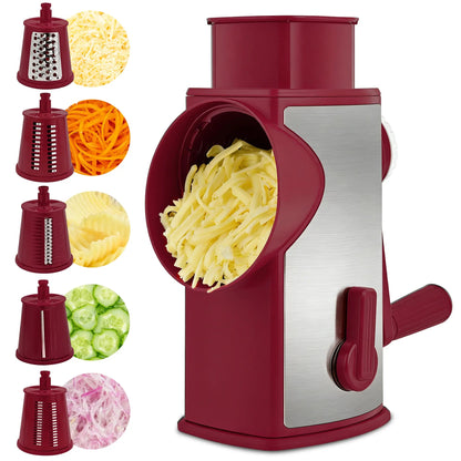 5-in-1 Cheese Grater with Handle – Rotary Vegetable Cutter with Stable Suction Base