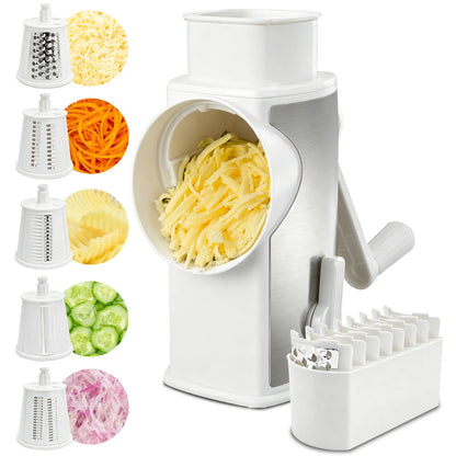 5-in-1 Cheese Grater with Handle – Rotary Vegetable Cutter with Stable Suction Base