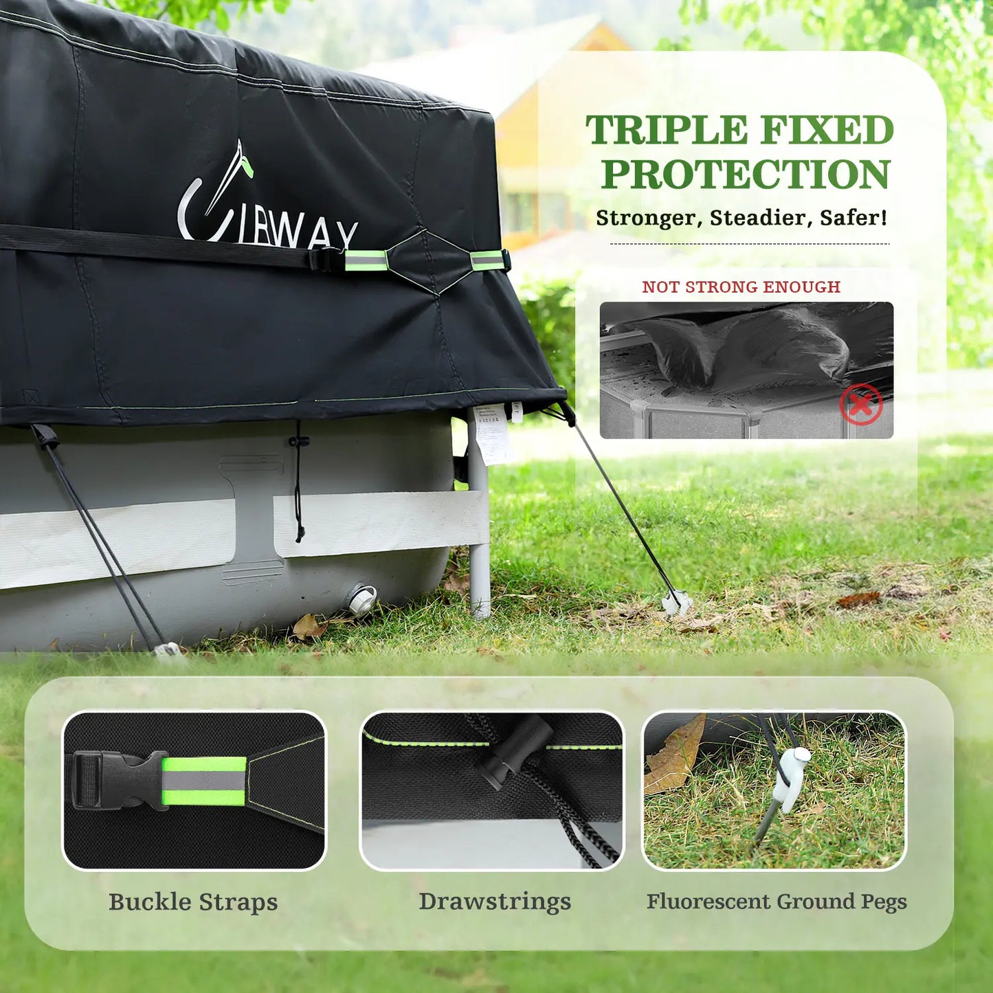 Round Above Ground Pool Cover – UV Resistant Solar Tarp with Windproof Ropes, Reflective Strips & Debris Protection