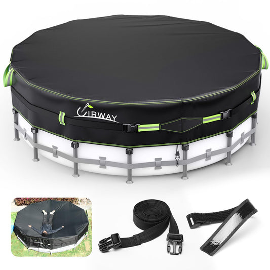 Round Above Ground Pool Cover – UV Resistant Solar Tarp with Windproof Ropes, Reflective Strips & Debris Protection