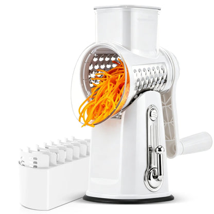 5-in-1 Cheese Grater with Handle – Rotary Vegetable Cutter with Stable Suction Base